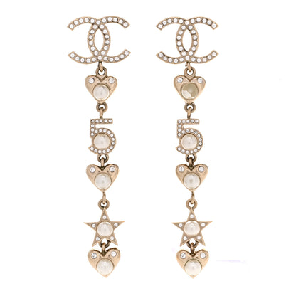 Chanel Crystal Pearl Charming Winter CC Star Heart Drop Earrings Gold 1 of 4