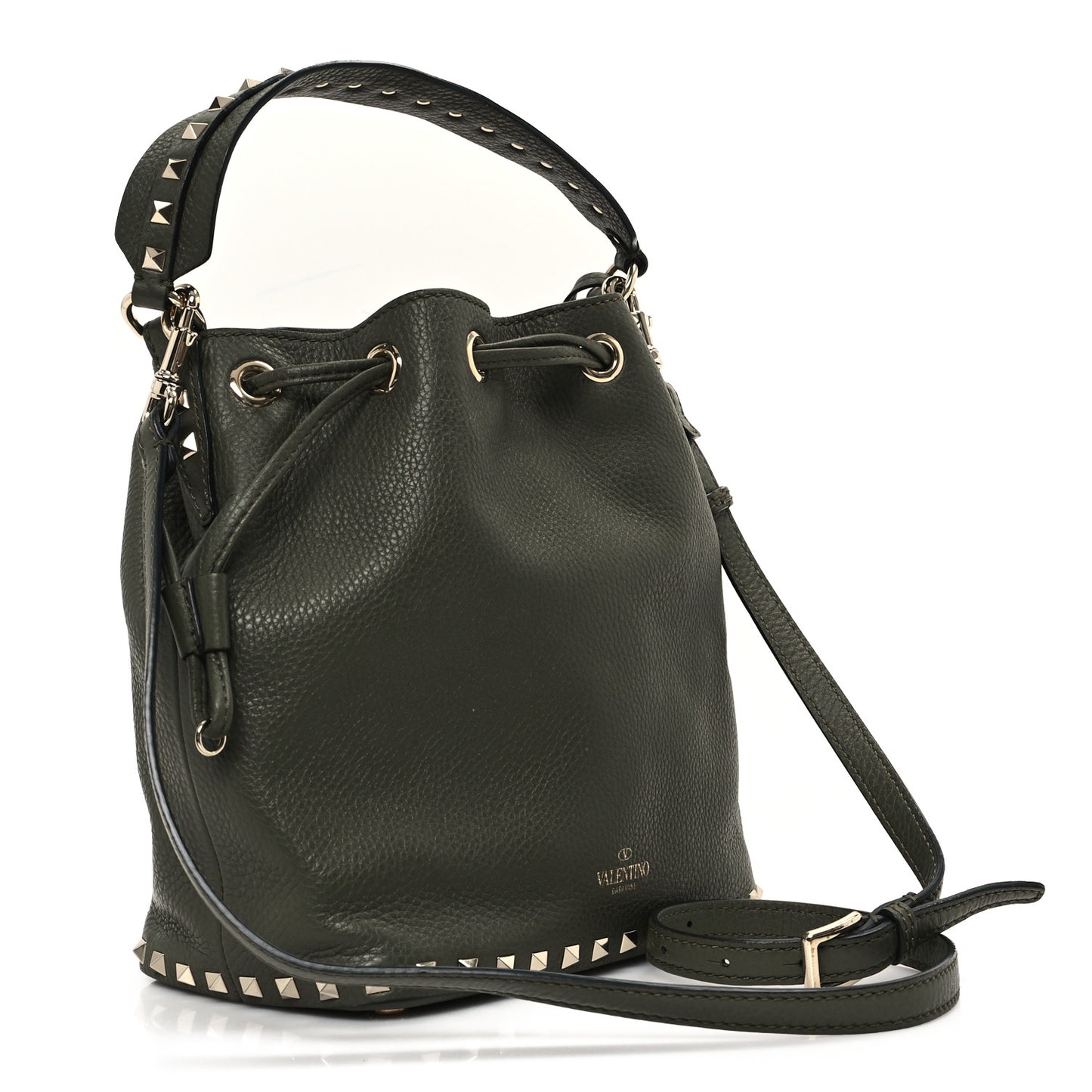 Pebbled Calfskin Small Rockstud Bucket Bag Green