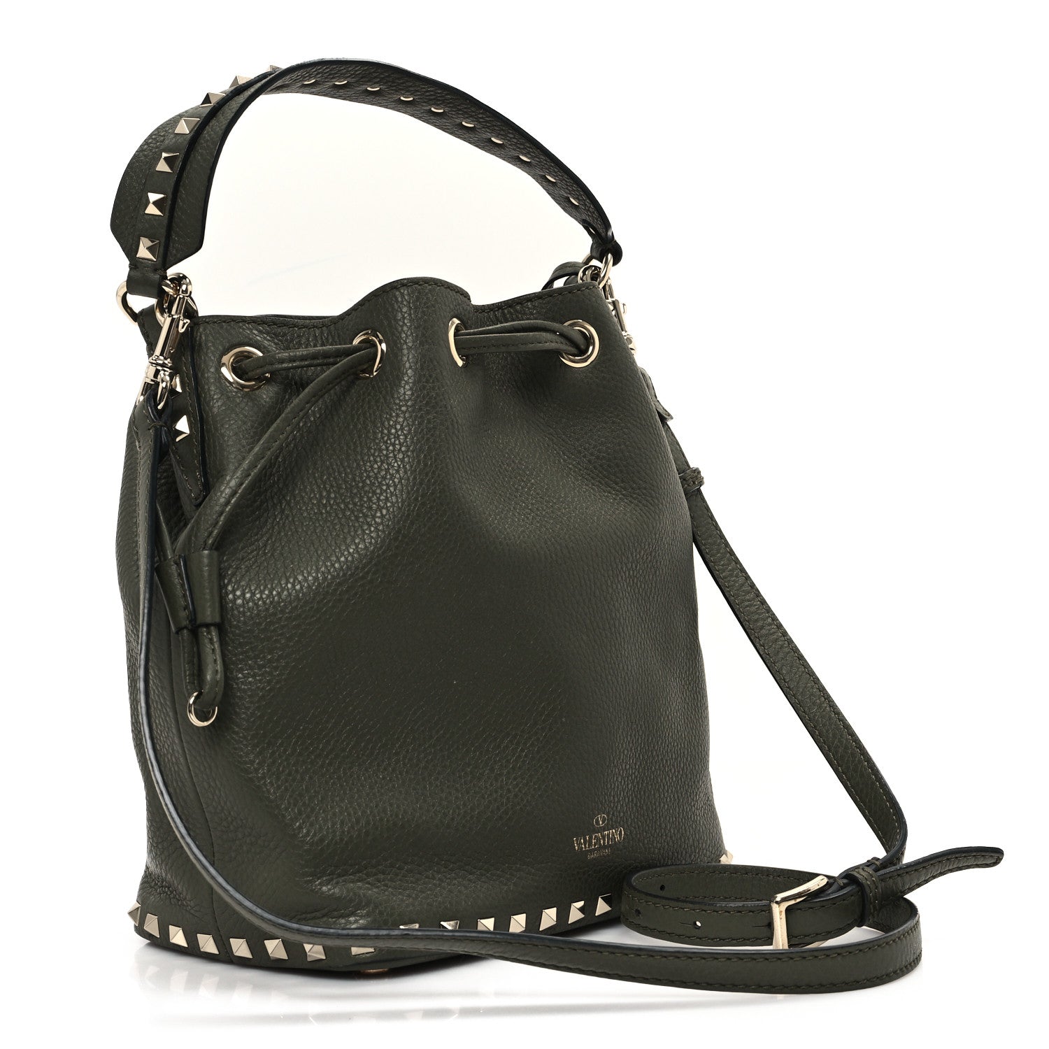 Valentino Garavani Pebbled Calfskin Small Rockstud Bucket Bag Green 3 of 9