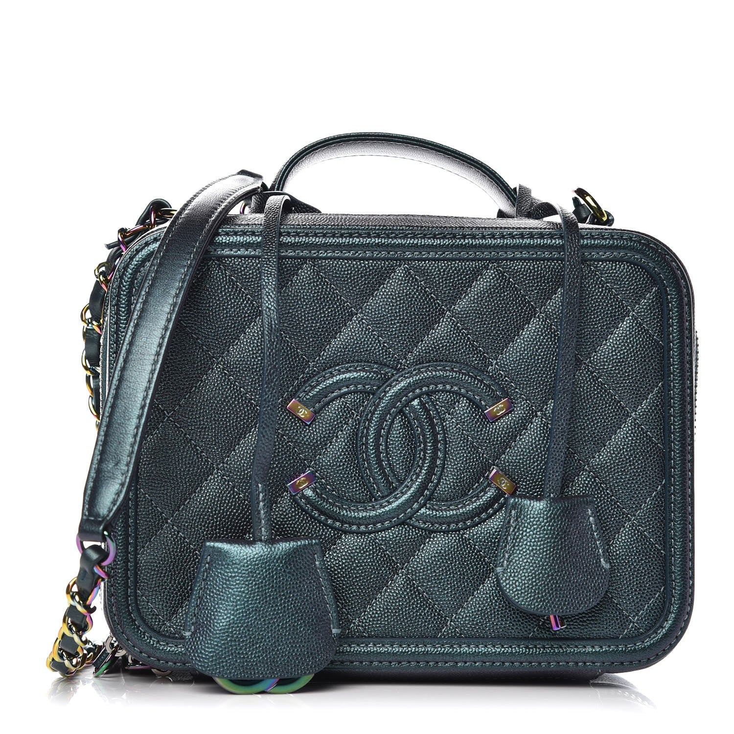Chanel Iridescent Caviar Quilted Medium CC Filigree Vanity Case Dark Turquoise 1 of 8