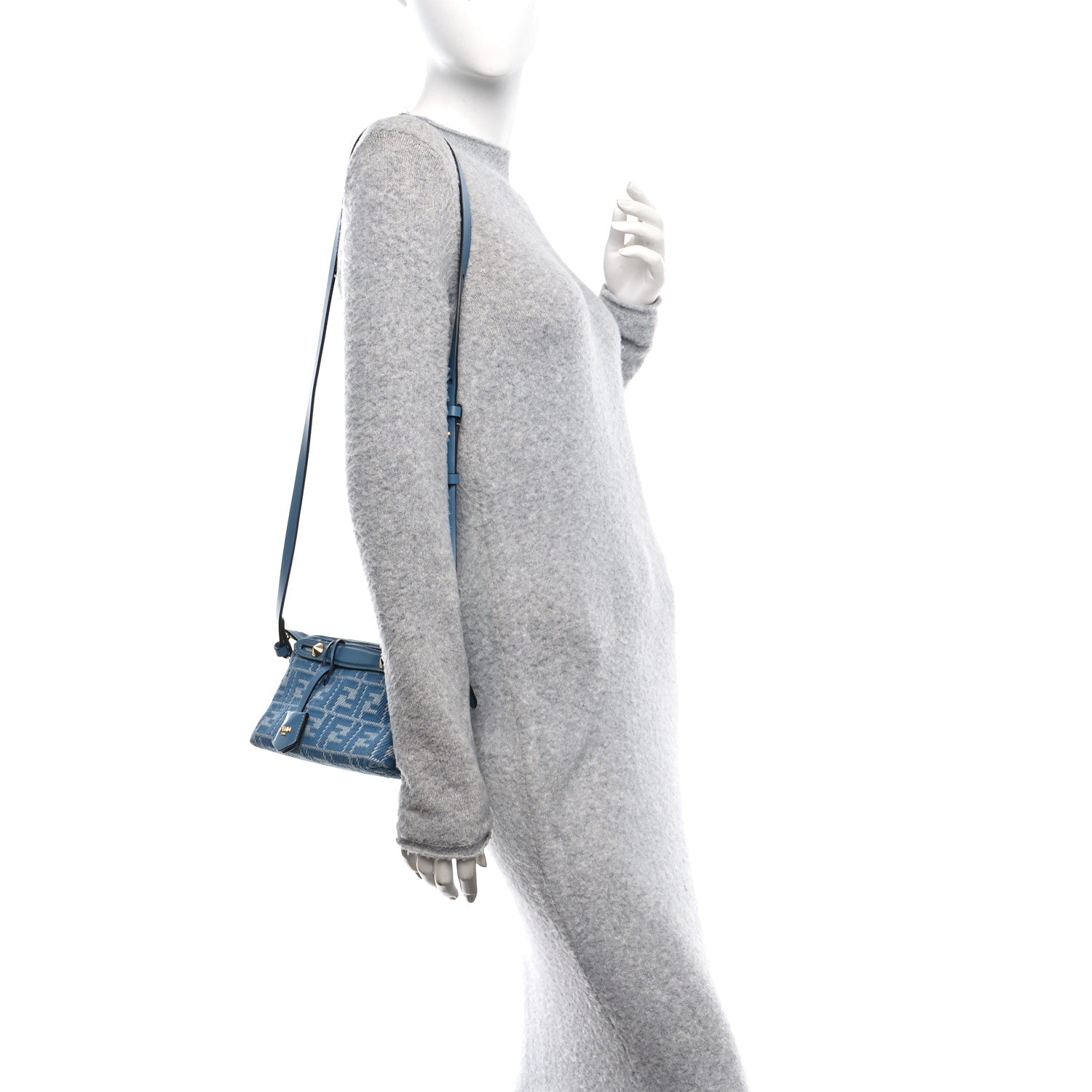 Fendi Denim Jacquard FF Effect Vitello Grace Soft Mini By The Way Boston Blue White 2 of 10