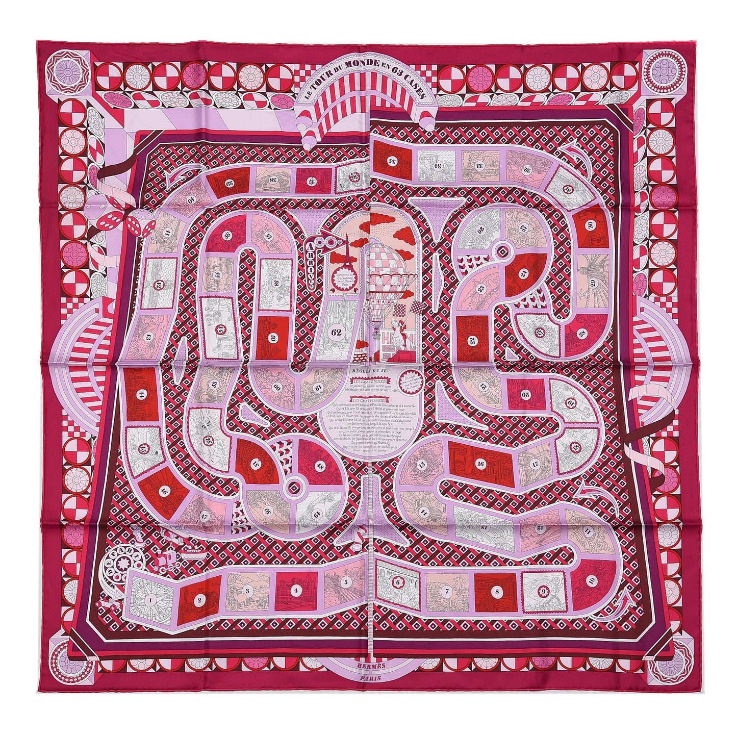 Silk Le Tour Du Monde En 63 Cases Scarf 90 Fuchsia Mauve White