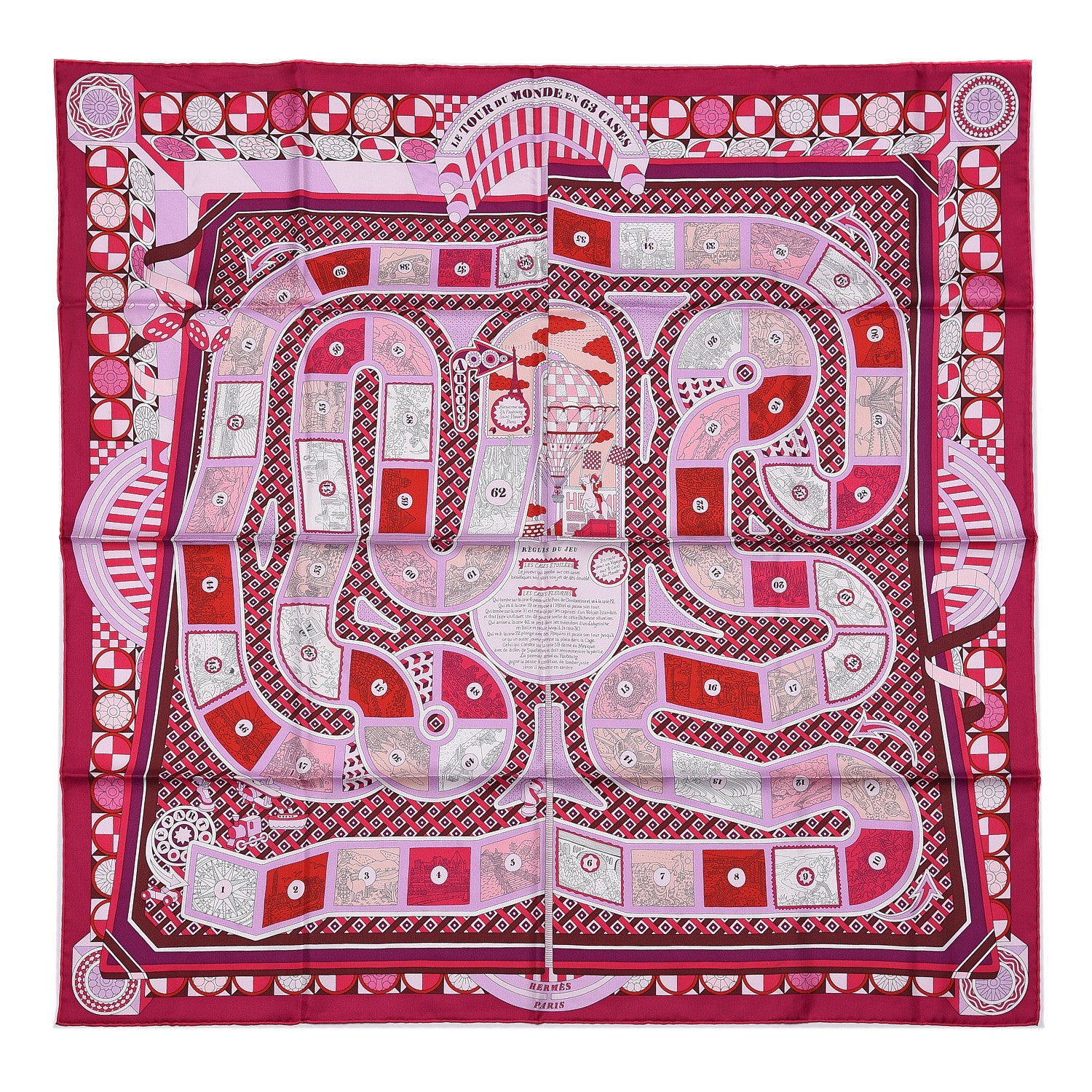 Hermes Silk Le Tour Du Monde En 63 Cases Scarf 90 Fuchsia Mauve White 1 of 10