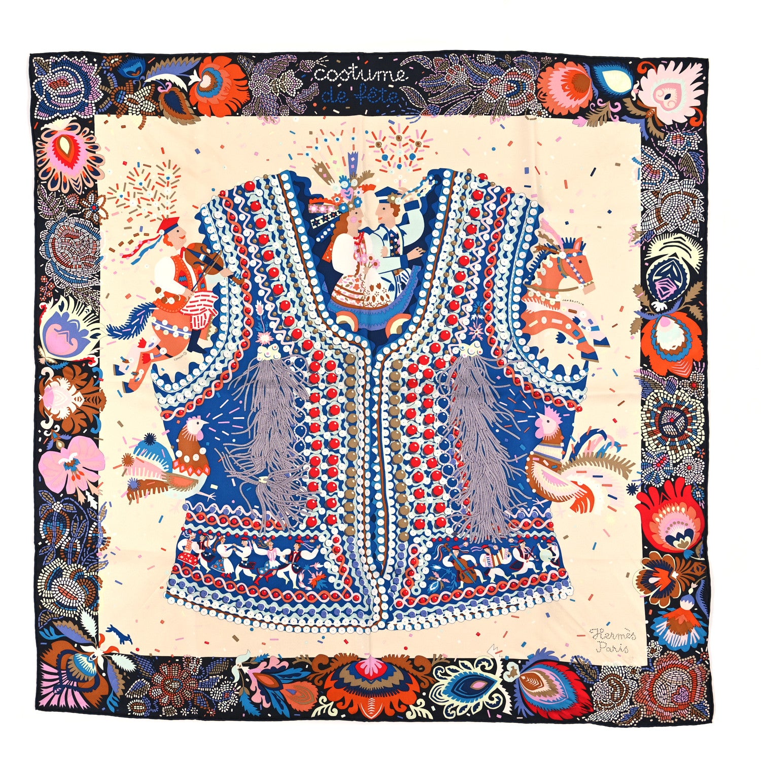 Hermes Silk Costume de Fete Scarf 90 Black Creme Bleu 1 of 3