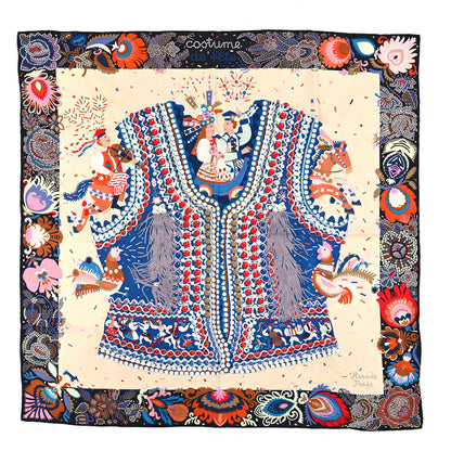 Hermes Silk Costume de Fete Scarf 90 Black Creme Bleu 1 of 3