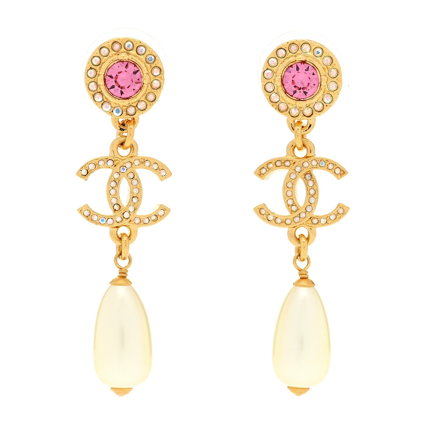 Metal Crystal Pearl CC Drop Earrings Gold Pink White