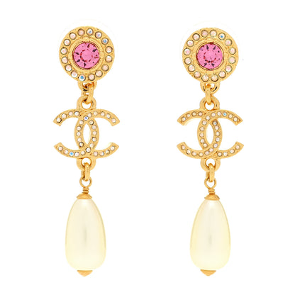 Chanel Metal Crystal Pearl CC Drop Earrings Gold Pink White 1 of 5