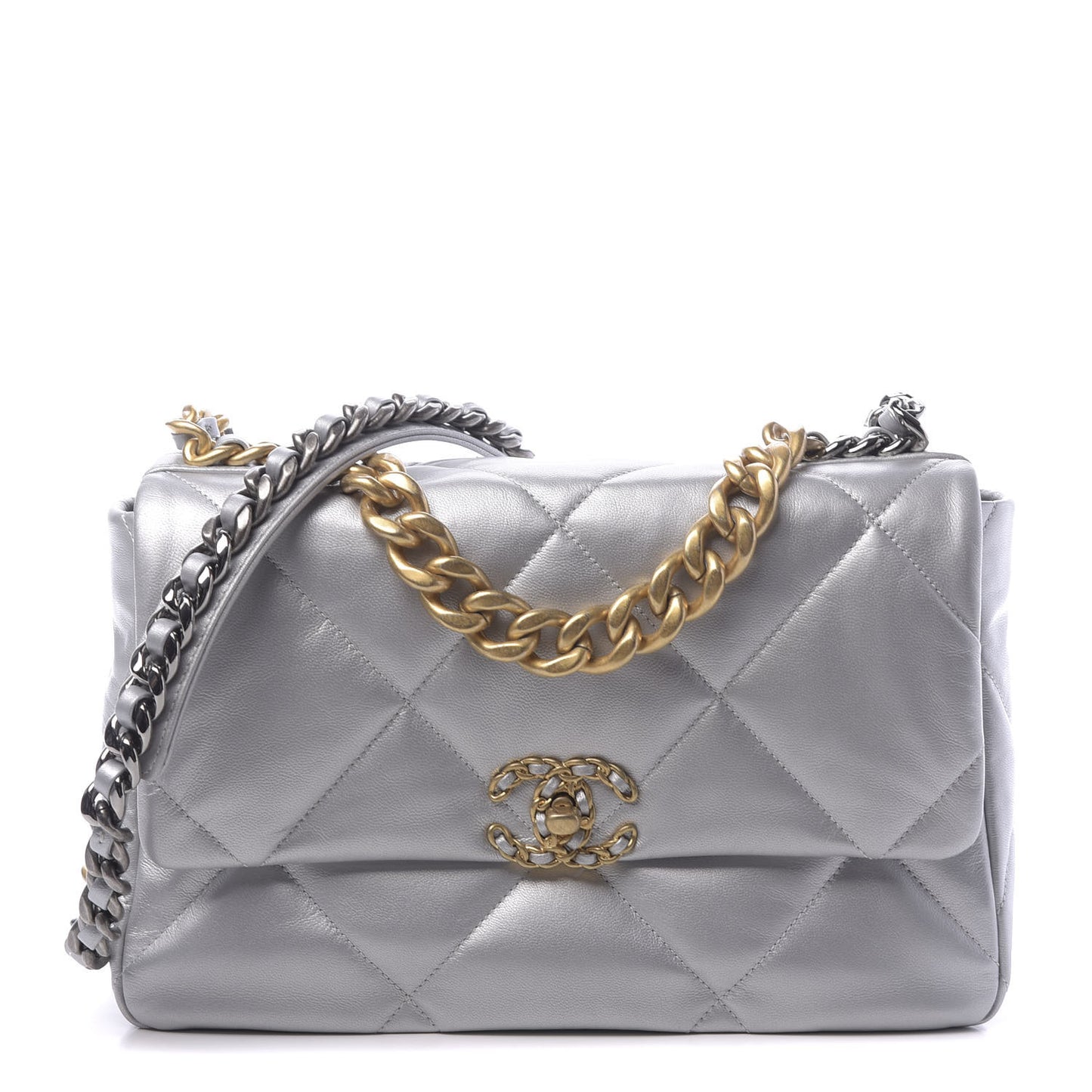 Metallic Goatskin Quilted Large 19 Flap Silver