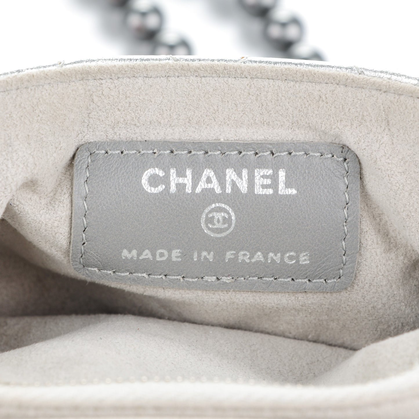Metallic Lambskin Quilted Pearl Chain Mini Love Symbols Bag Silver