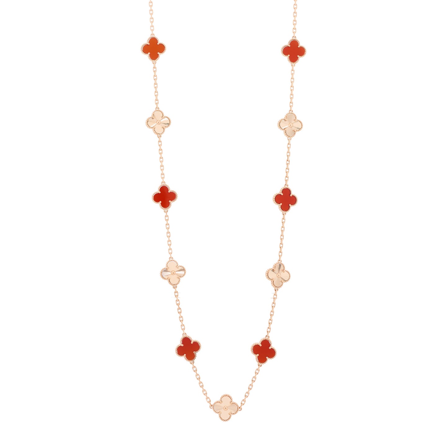 18K Rose Gold Carnelian 20 Motifs Guilloche Vintage Alhambra Necklace