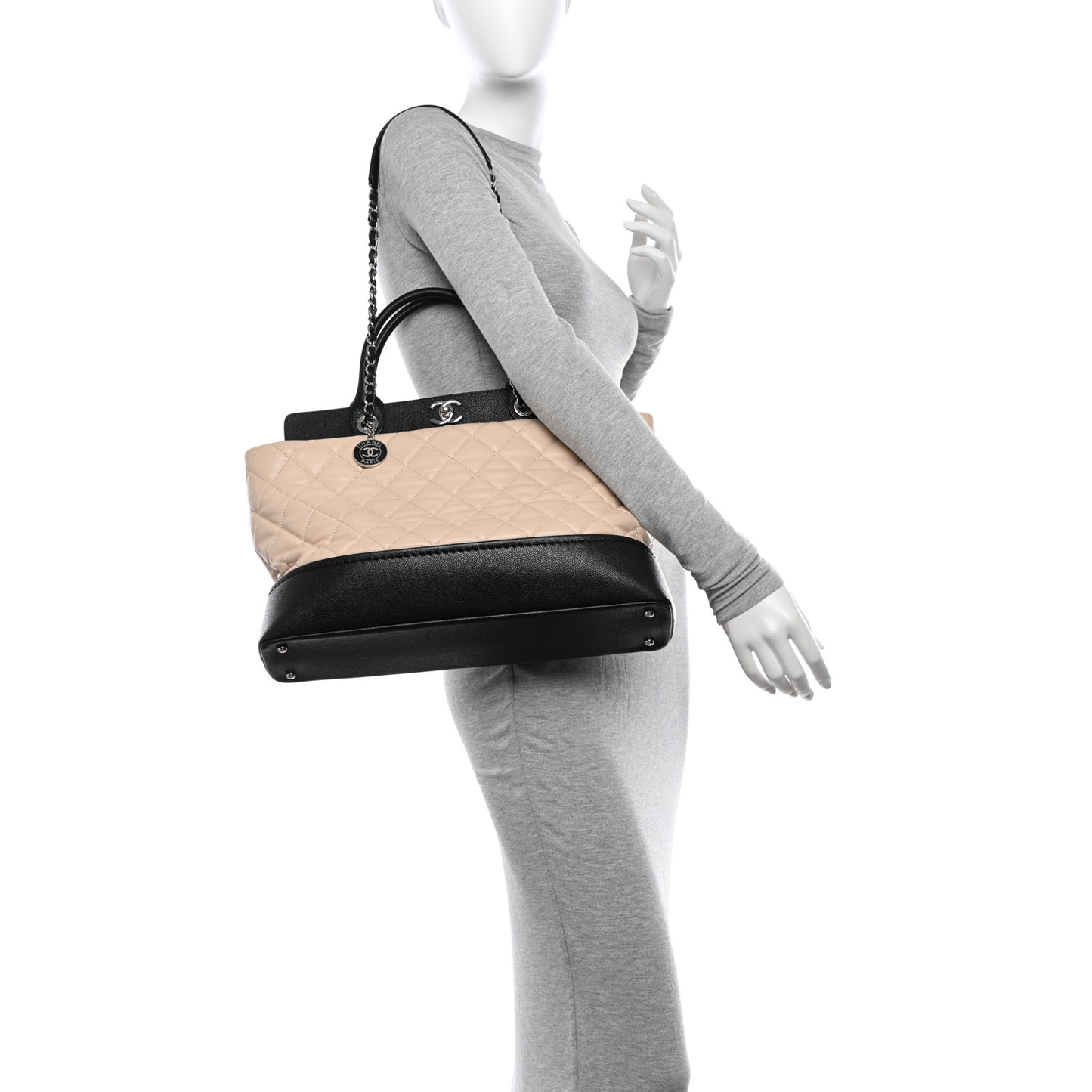 Calfskin Caviar Quilted Large Shopping Tote Beige Black