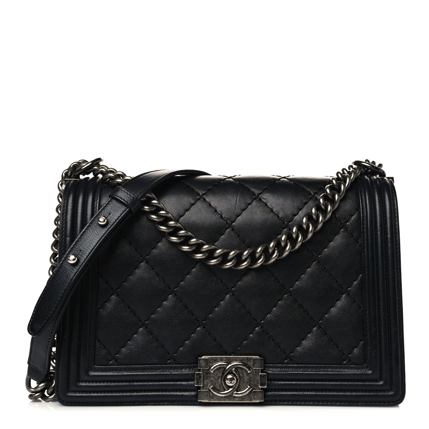 Calfskin Quilted Double Stitch New Medium Boy Flap Black