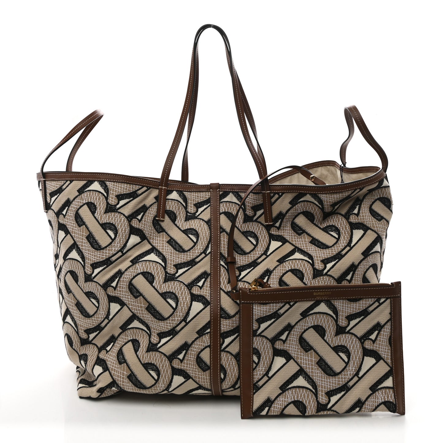 E Canvas Calfskin Monogram TB XL Beach Tote Dark Beige