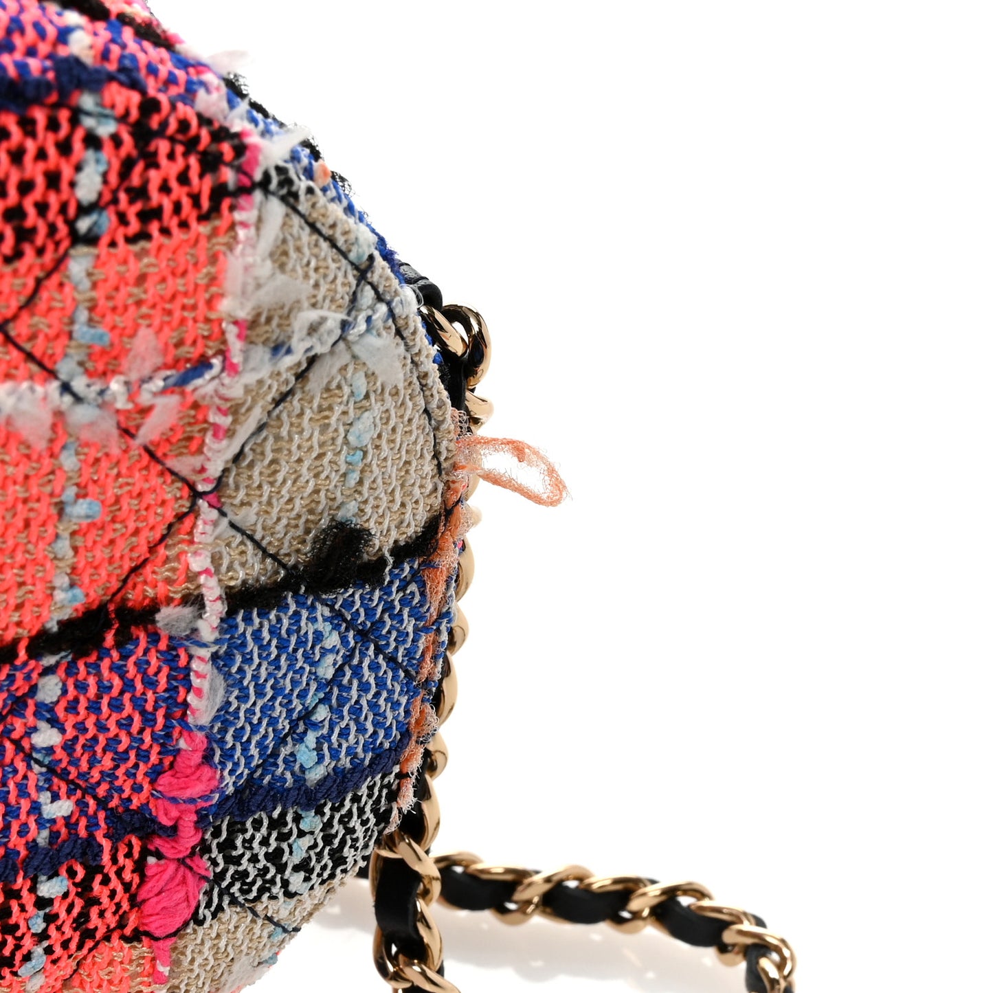 Tweed Quilted Round Clutch With Chain Blue Orange Multicolor