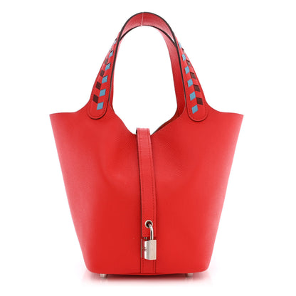 Hermes Epsom Tressage De Cuir Picotin Lock 18 PM Rouge Coeur Bleu du Nord Rouge H 1 of 15