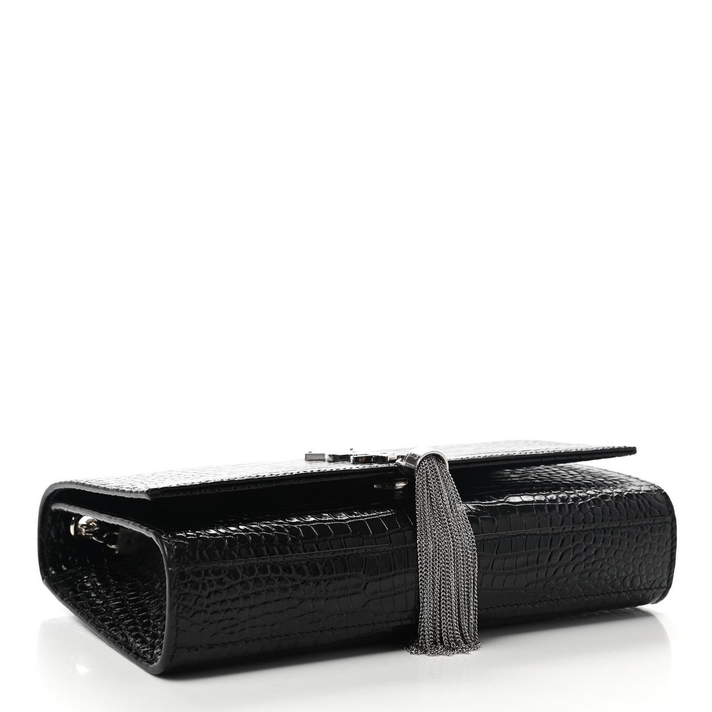 Calfskin Crocodile Embossed Medium Classic Monogram Kate Tassel Satchel Black
