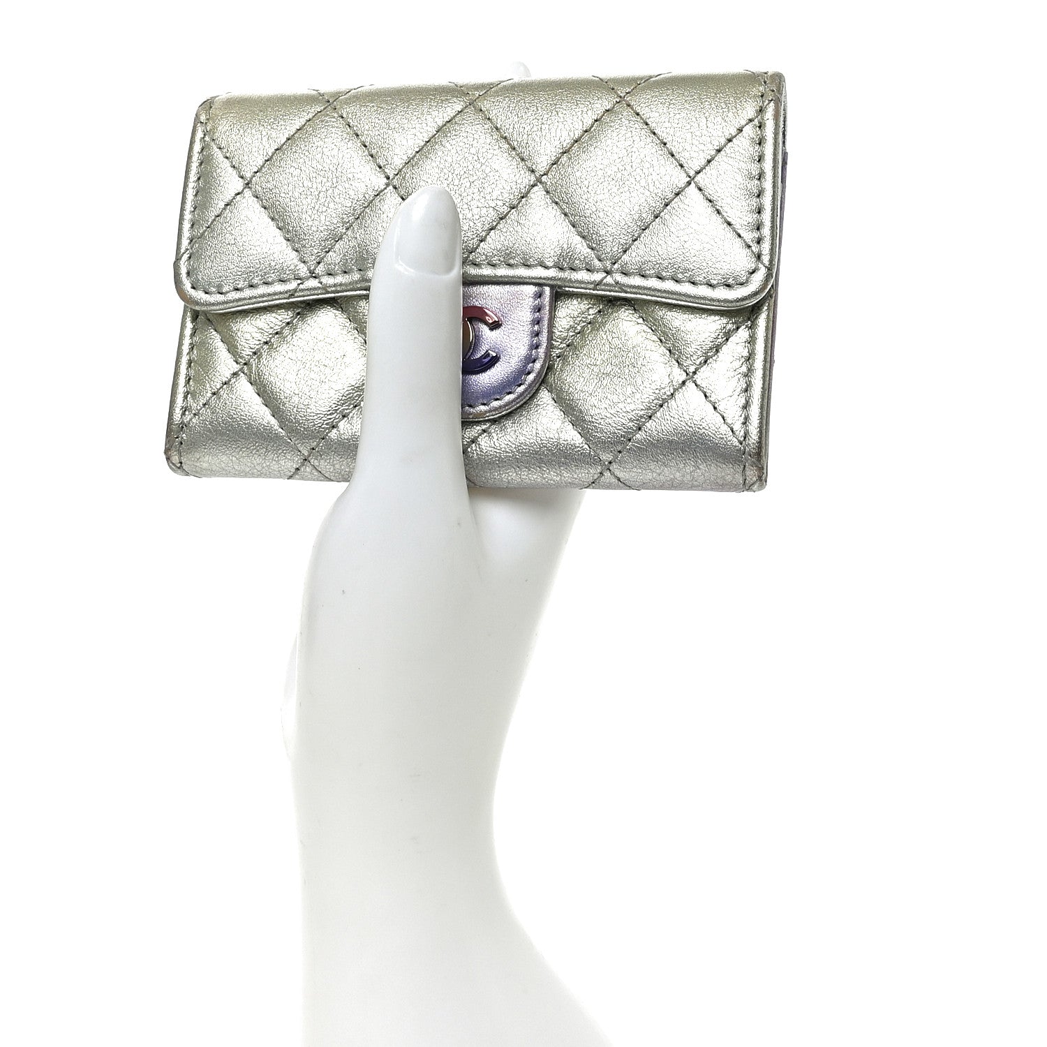 Chanel Gradient Metallic Calfskin Quilted Flap Card Holder Wallet Silver Blue Yellow Purple 2 of 8