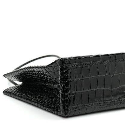 Balenciaga Shiny Calfskin Logo Crocodile Embossed North South Shopper Tote XXS Black White 7 of 8
