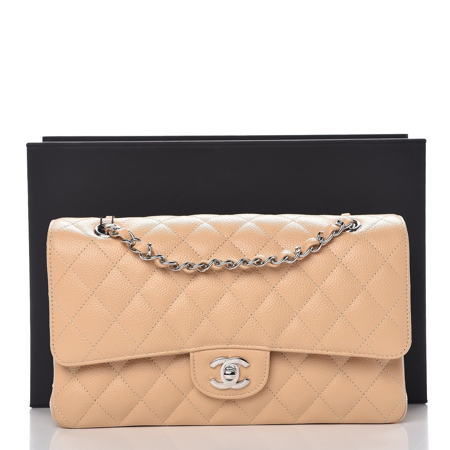 Caviar Quilted Medium Double Flap Beige