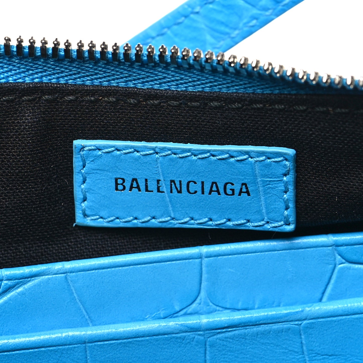 Extra Supple Calfskin Crocodile Embossed Crystal Mini Le Cagole Purse With Chain Cyan