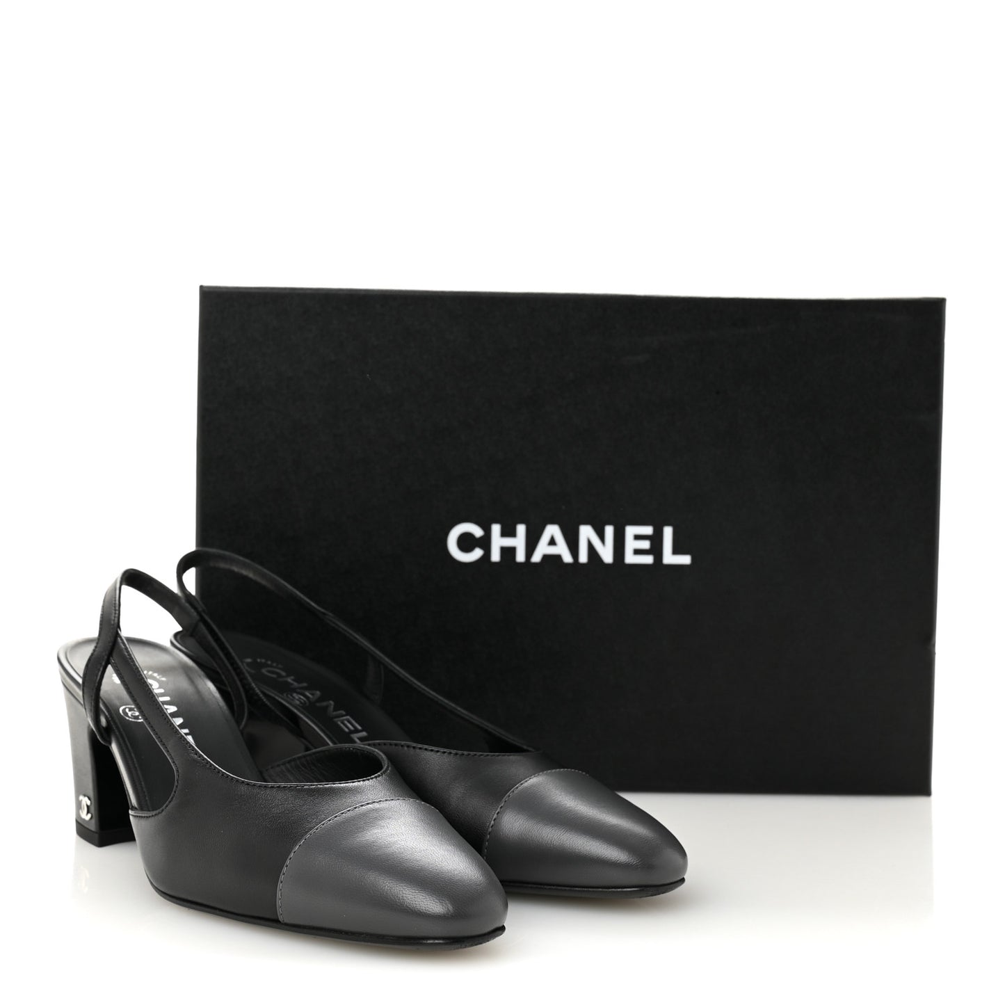 Lambskin Cap Toe CC Slingback Pumps 35.5 Black Dark Grey