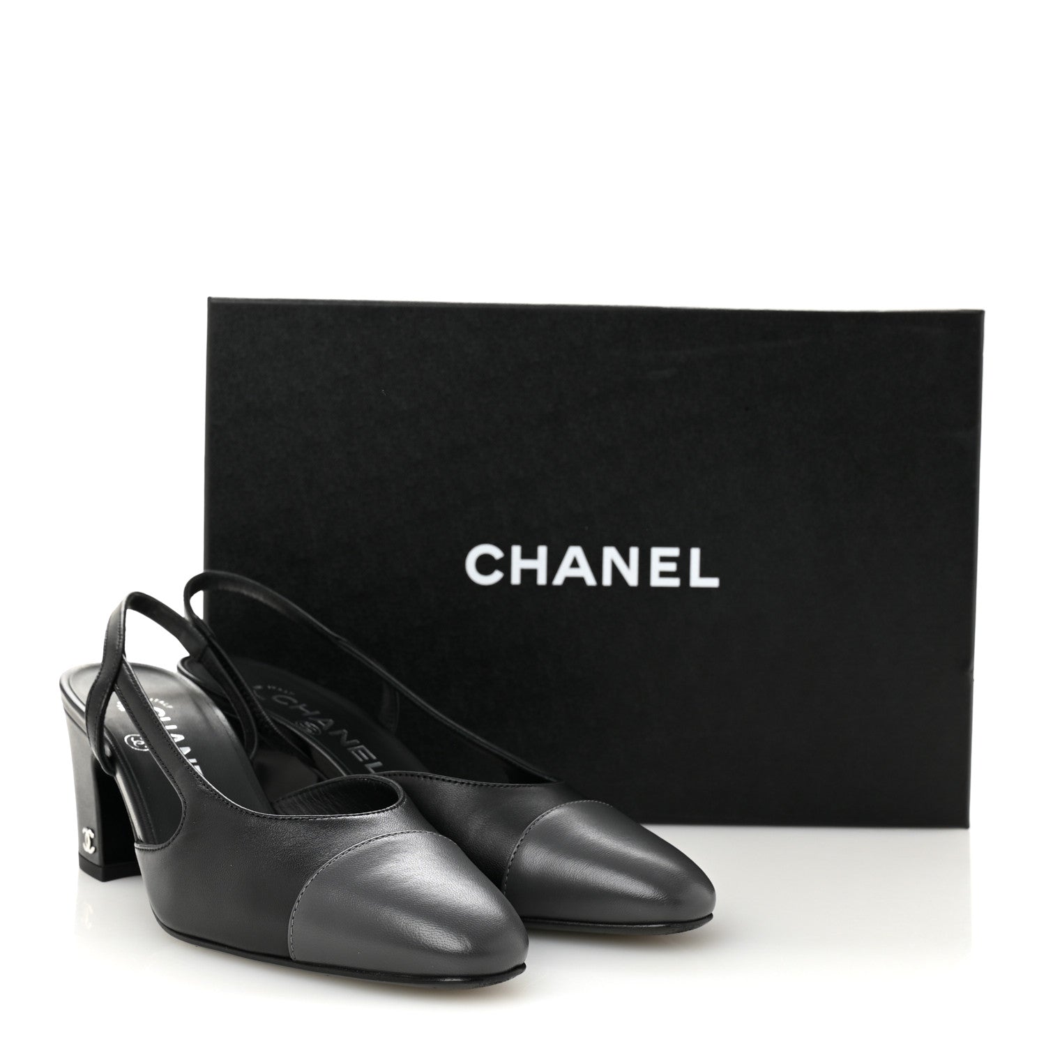 Chanel Lambskin Cap Toe CC Slingback Pumps 35.5 Black Dark Grey 8 of 8