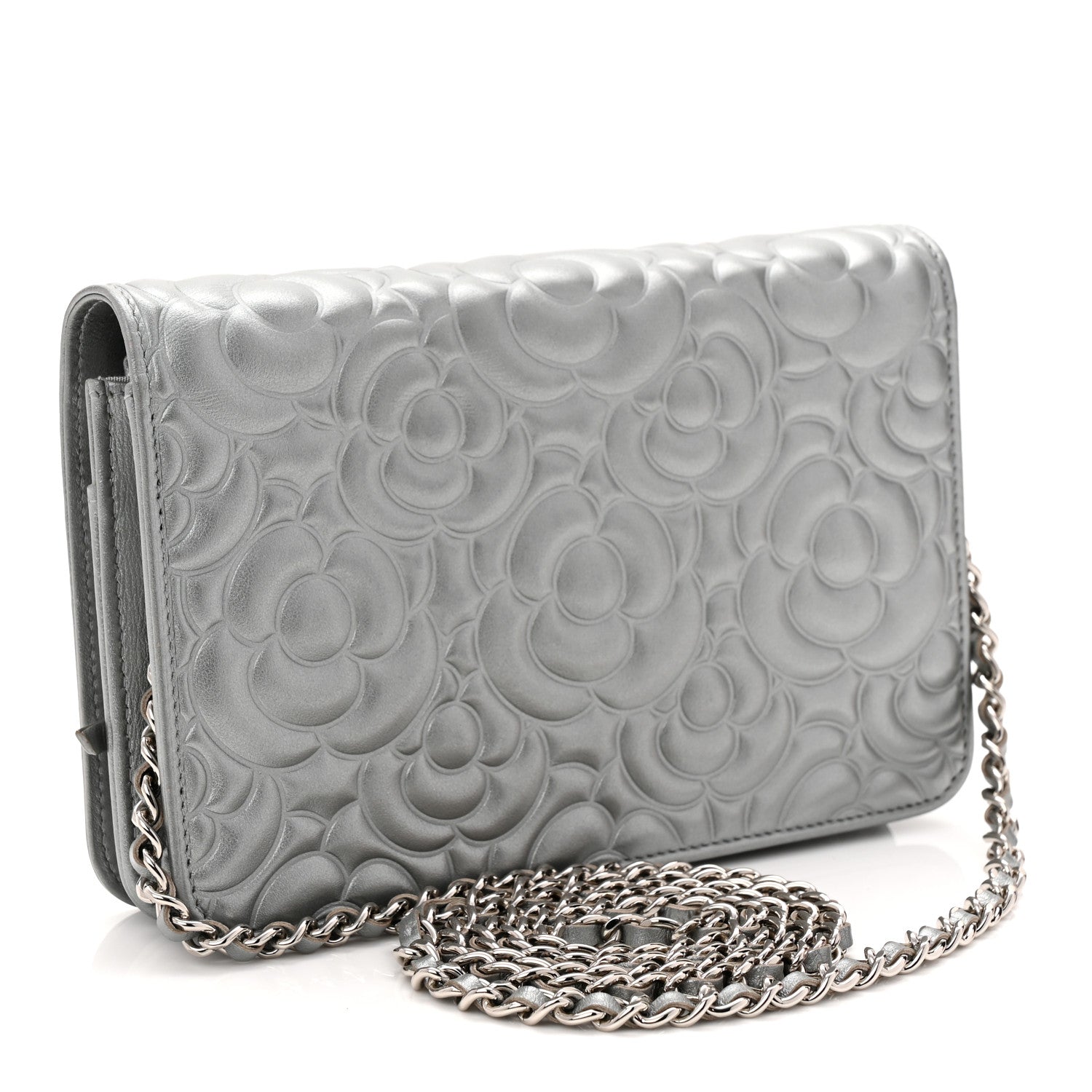 Chanel Metallic Lambskin Crystal Camellia Embossed Wallet On Chain WOC Silver 3 of 12