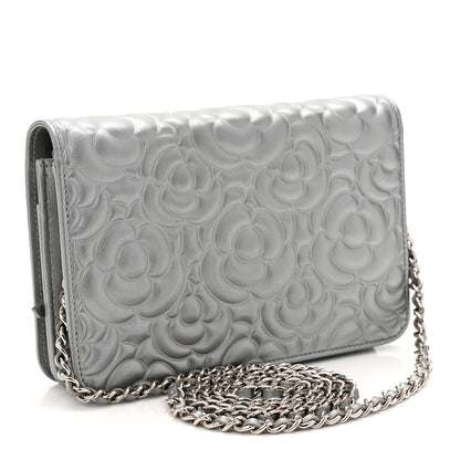 Chanel Metallic Lambskin Crystal Camellia Embossed Wallet On Chain WOC Silver 3 of 12