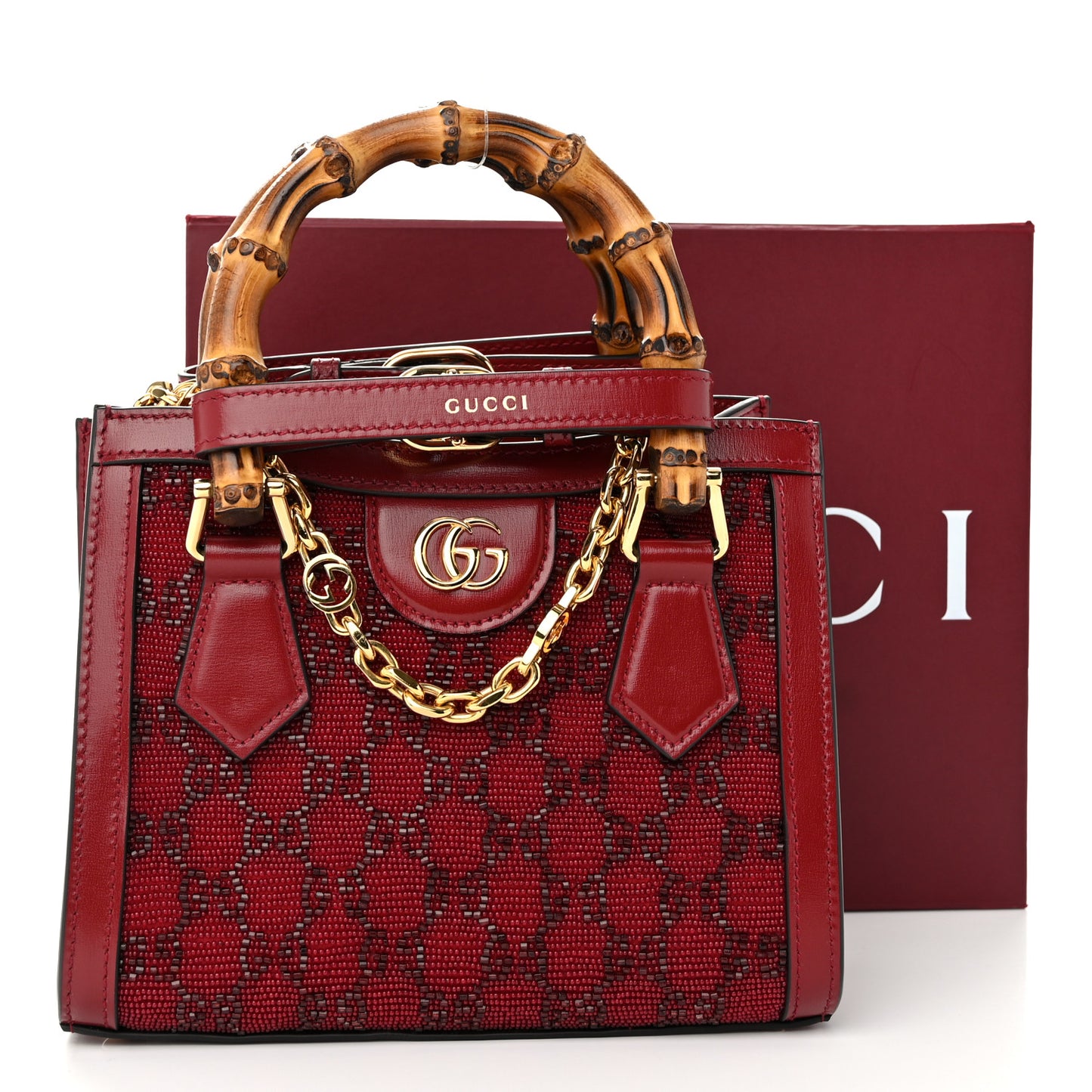 New Canvas Charisma Calfskin Crystal GG Monogram Mini Diana Tote Bag New Cherry Red