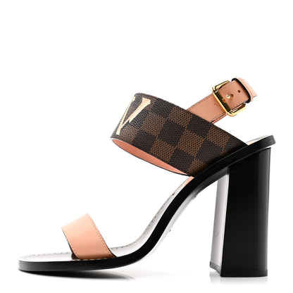 Louis Vuitton Calfskin Damier Ebene Passenger Heeled Sandals 38.5 Venus Pink 1 of 9