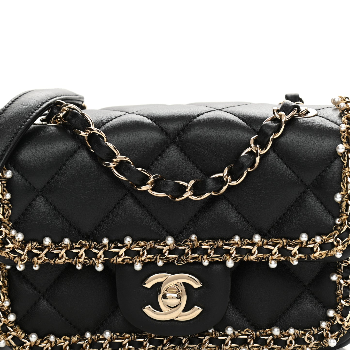 Lambskin Quilted Pearl Edge Mini Rectangular Flap Bag Black