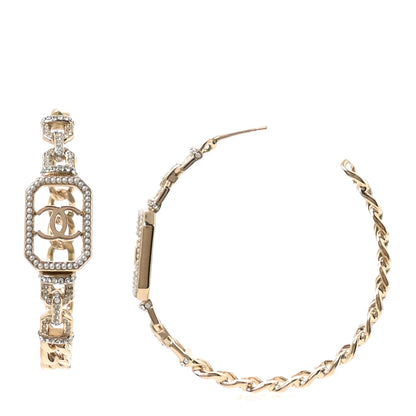 Chanel Metal Crystal CC Vendome Chain Hoop Earrings Gold 1 of 5