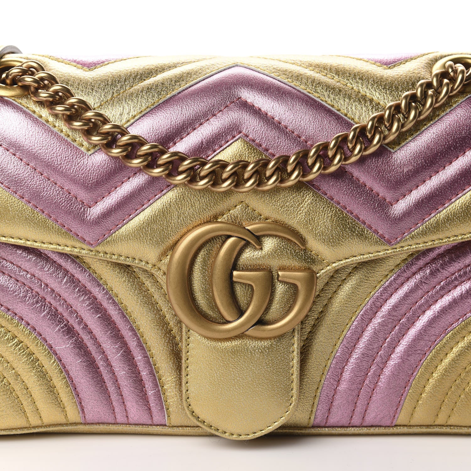 Gucci Metallic Calfskin Matelasse Small GG Marmont Shoulder Bag Gold Pink 10 of 10