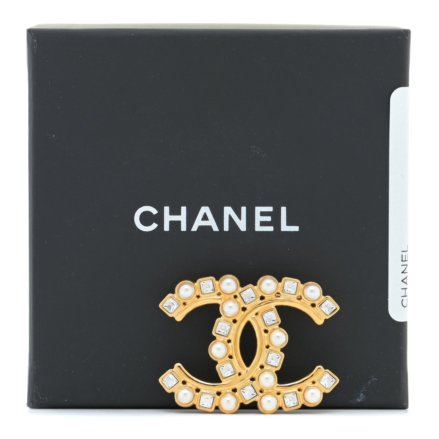 Pearl Crystal Baguette CC Brooch Gold