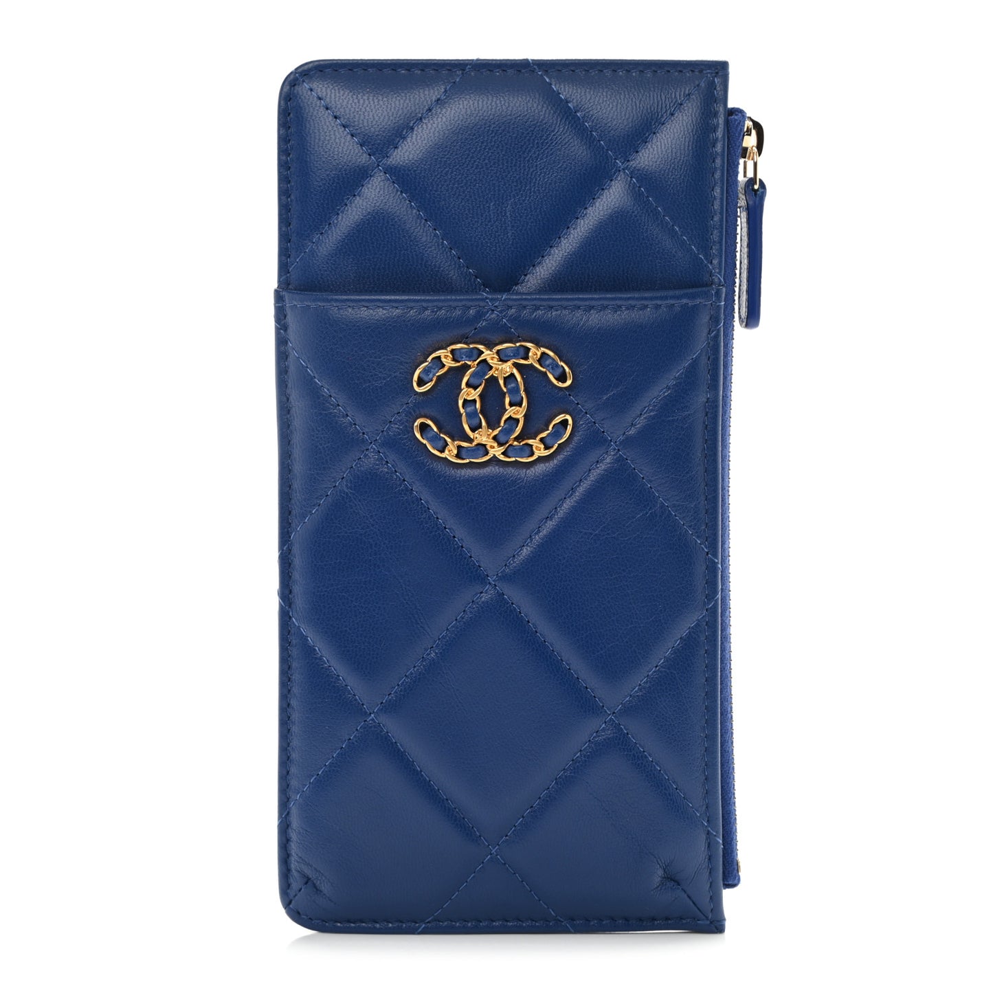 Shiny Goatskin Quilted Chanel 19 Flat Wallet Pouch Blue