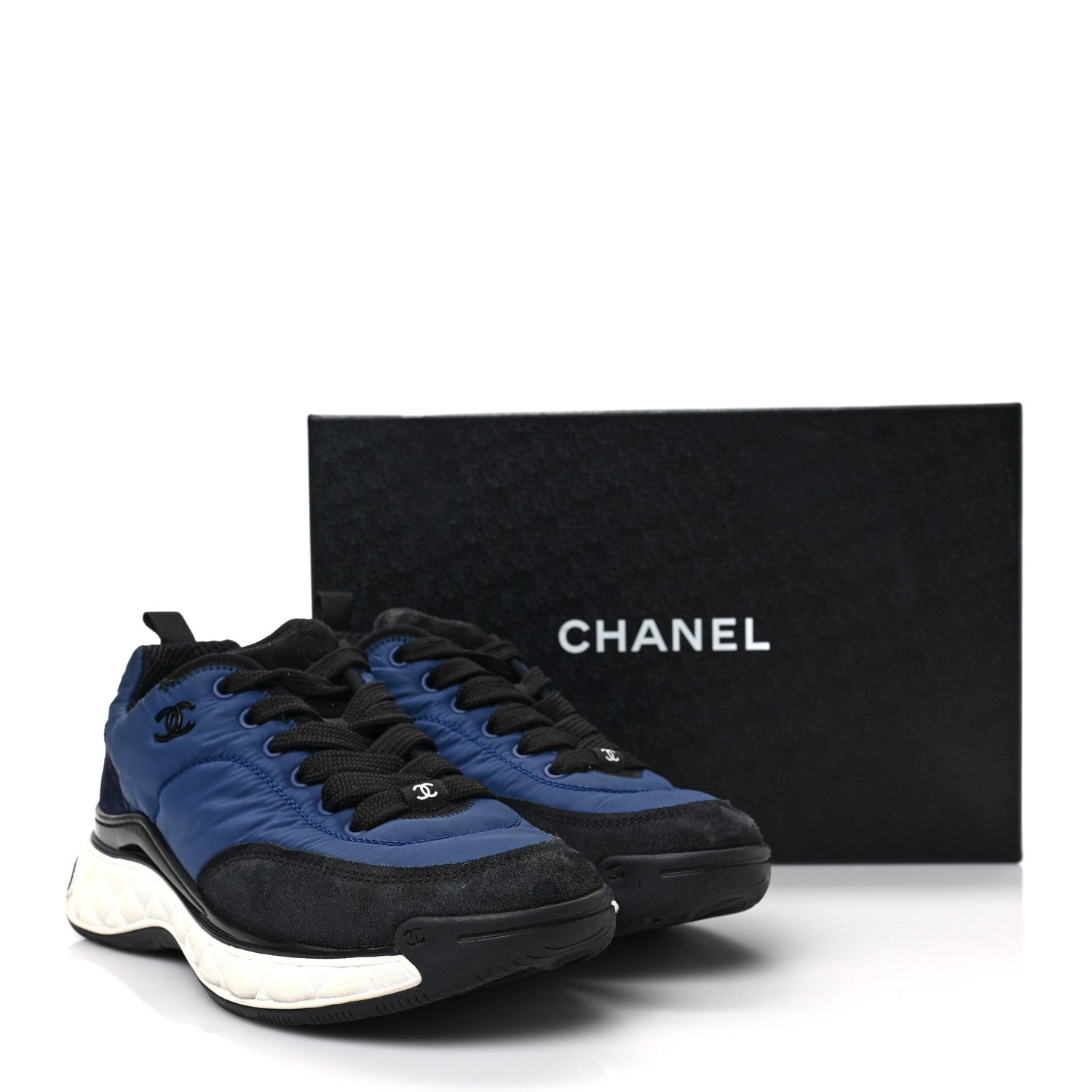 Chanel Nylon Suede Calfskin Womens Logo Sneakers 37.5 Blue Navy Dark Navy 8 of 8