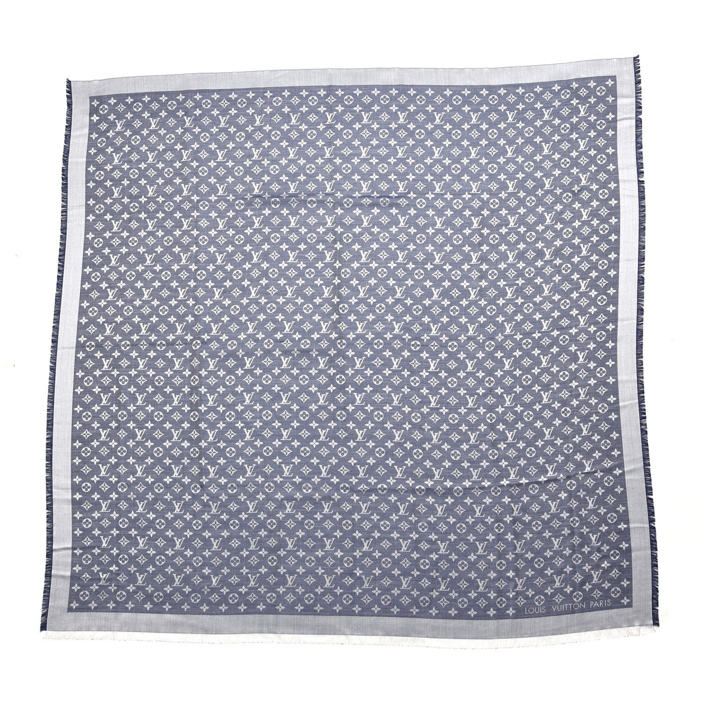 Wool Silk Monogram Denim Shawl Blue