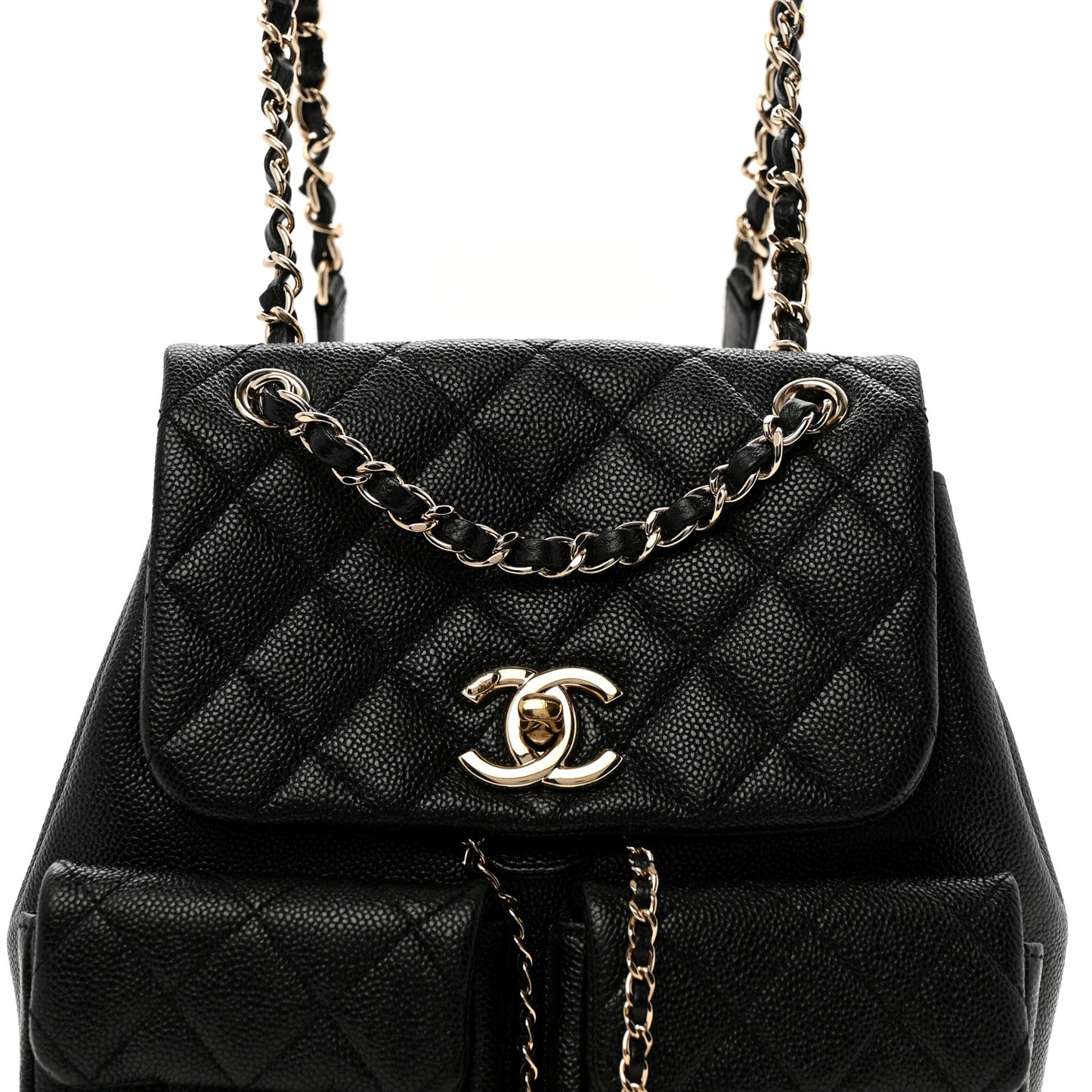 Shiny Caviar Quilted Medium Duma Pockets Drawstring Backpack Black