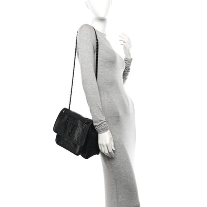 Saint Laurent Crocodile Embossed Lambskin Monogram Medium Niki Chain Satchel Black 2 of 11