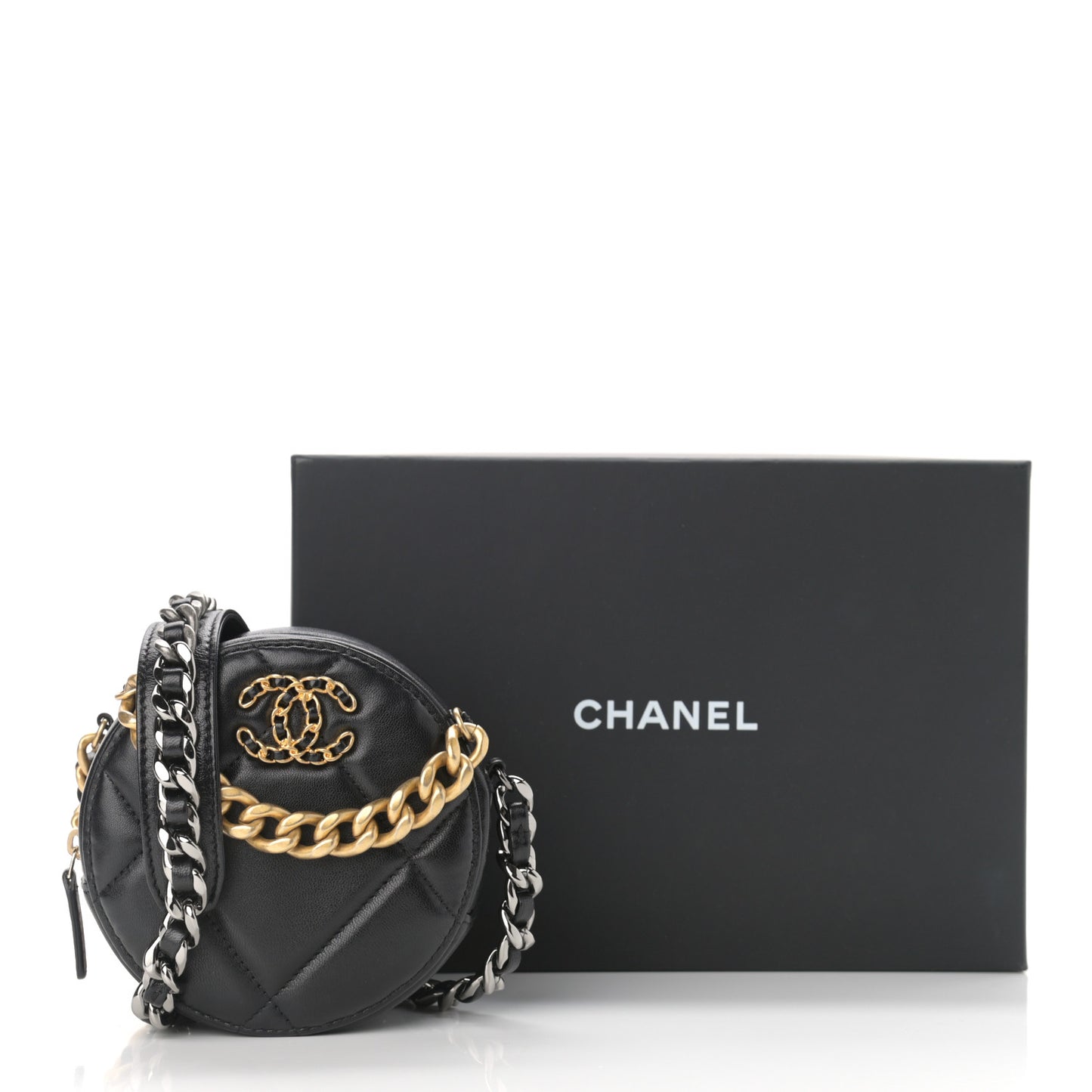 Shiny Goatskin Quilted Chanel 19 Round Clutch With Chain Black