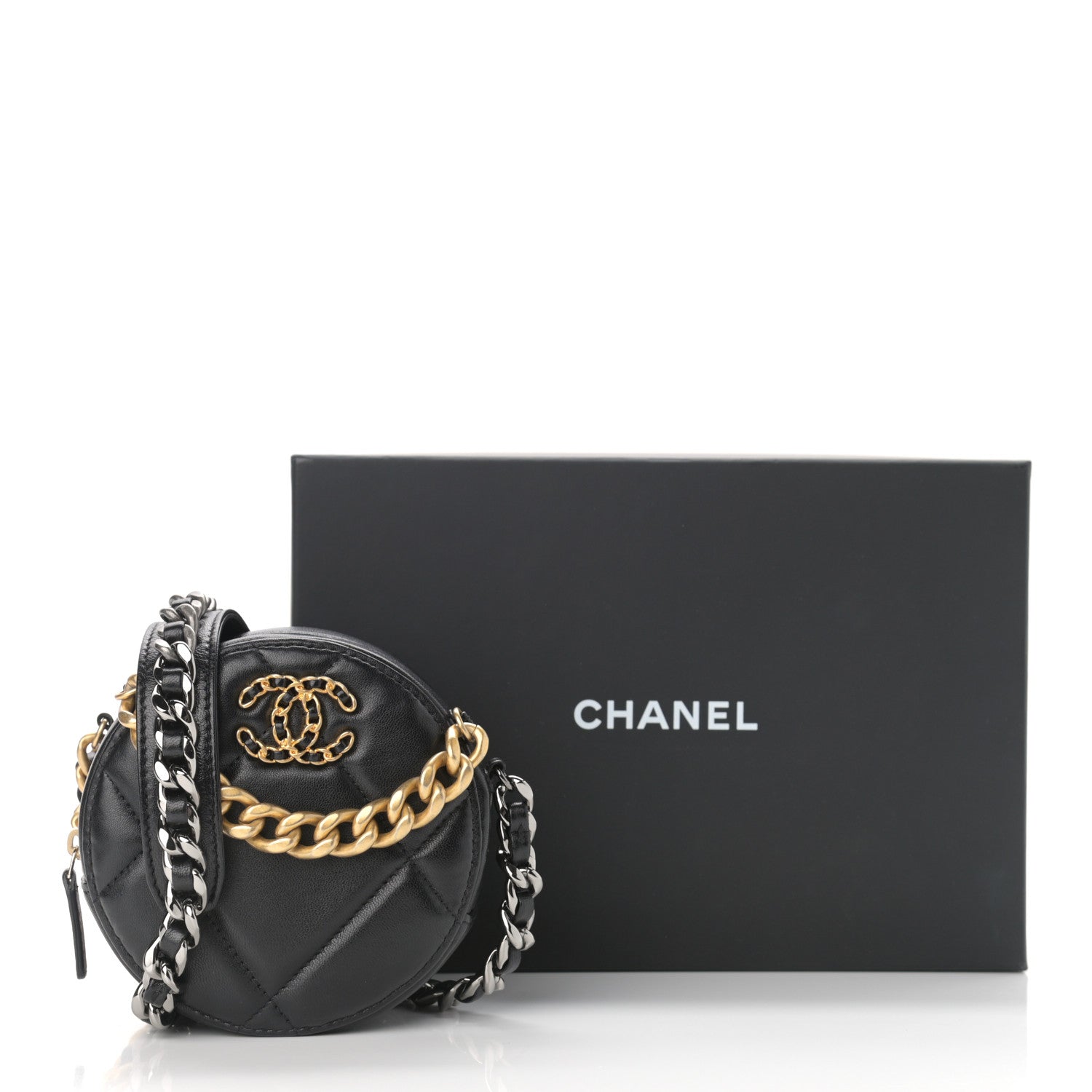 Chanel Shiny Goatskin Quilted Chanel 19 Round Clutch With Chain Black 11 of 11