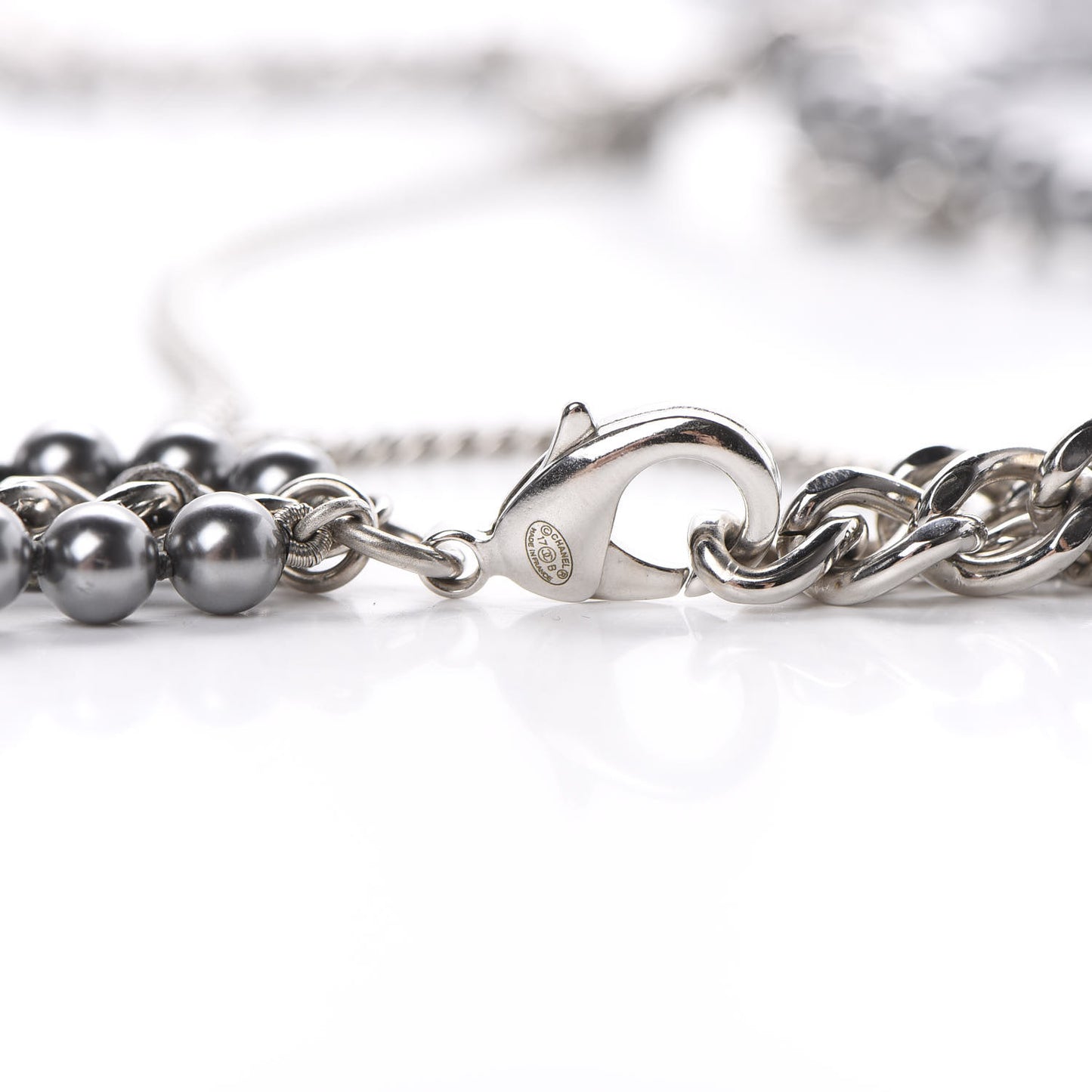 Crystal Pearl Lambskin CC Multi Strand Necklace Grey Silver