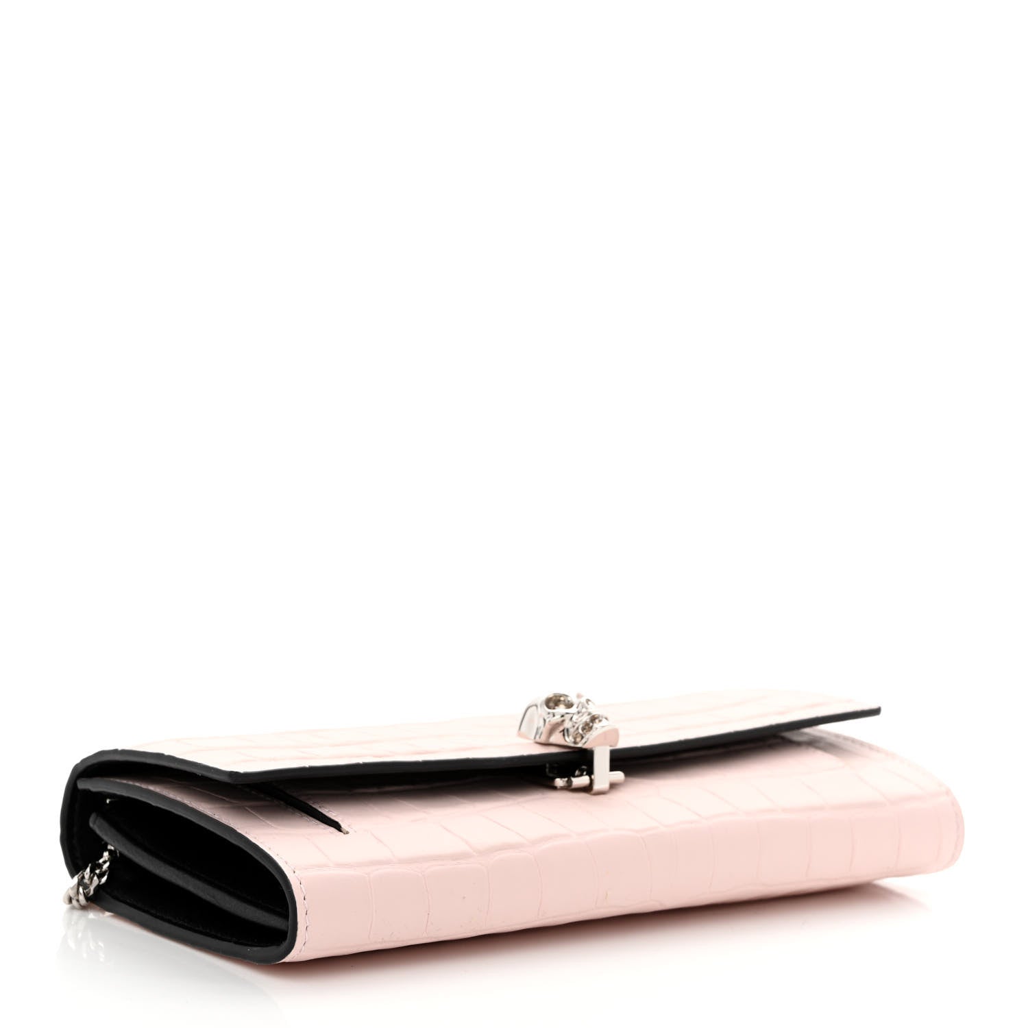 Alexander McQueen Calfskin Crocodile Embossed Skull Wallet on Chain Baby Pink 4 of 10