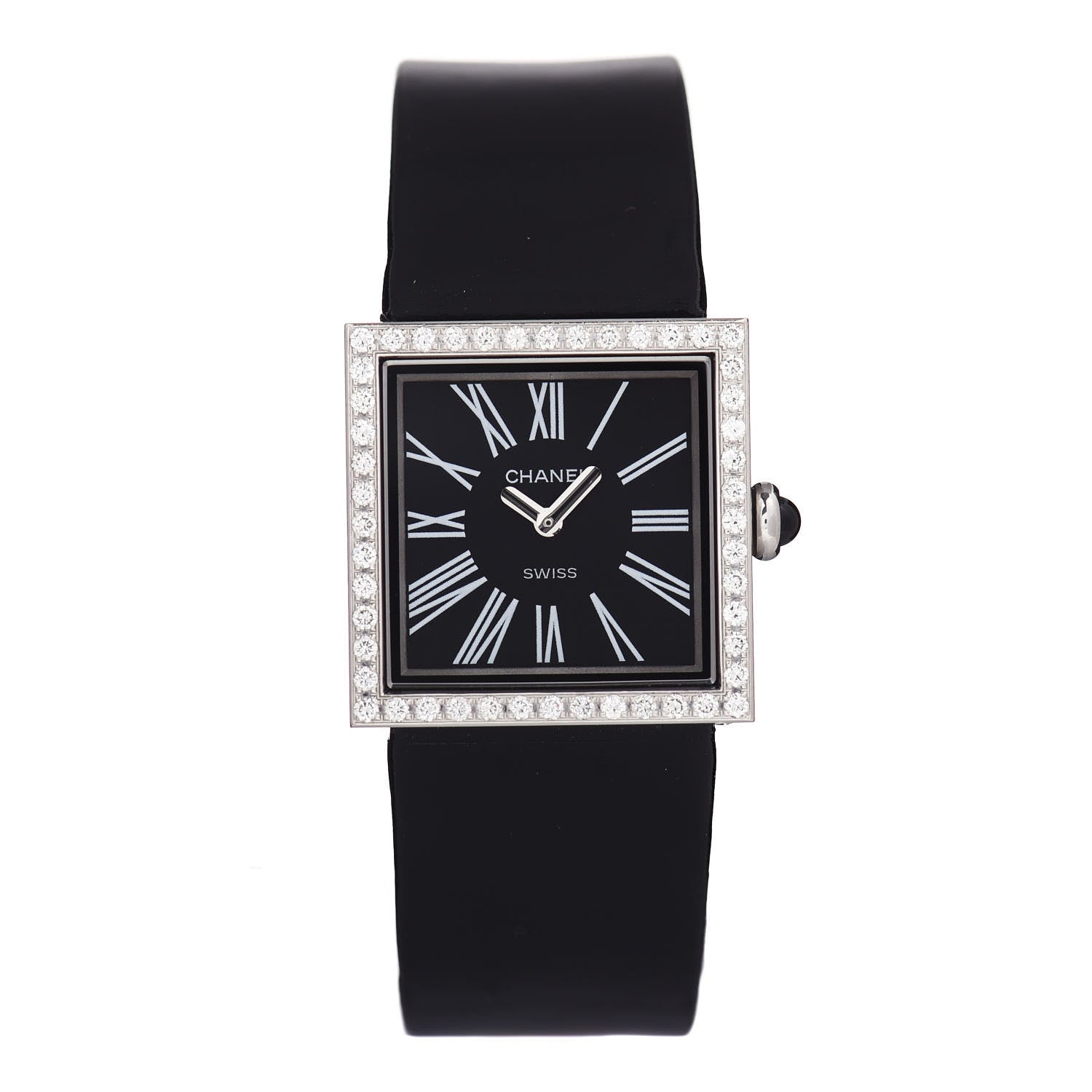Chanel Stainless Steel Patent Leather Diamond 23mm Mademoiselle Quartz Watch Black 1 of 4