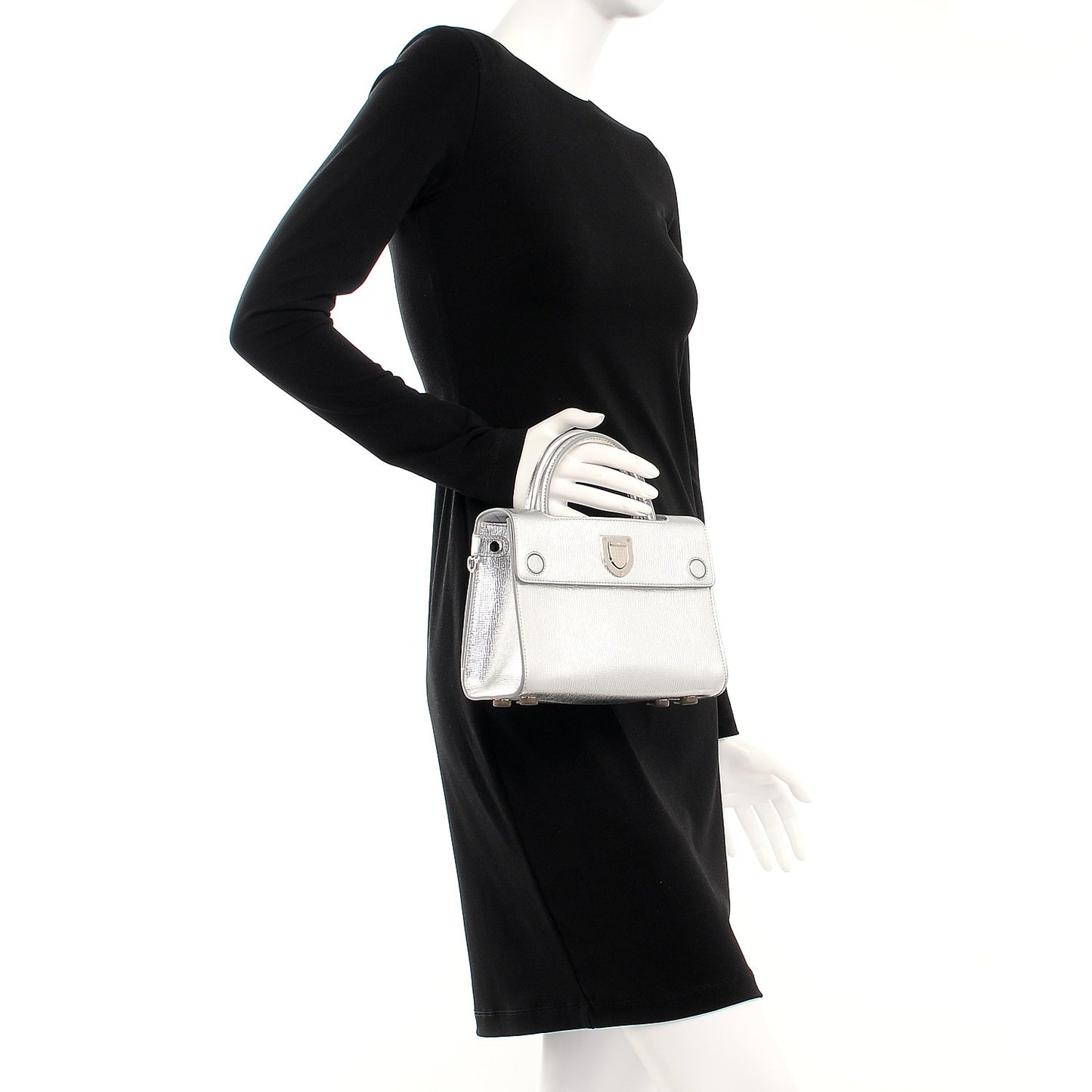 Metallic Grained Calfskin Mini Diorever Flap Silver