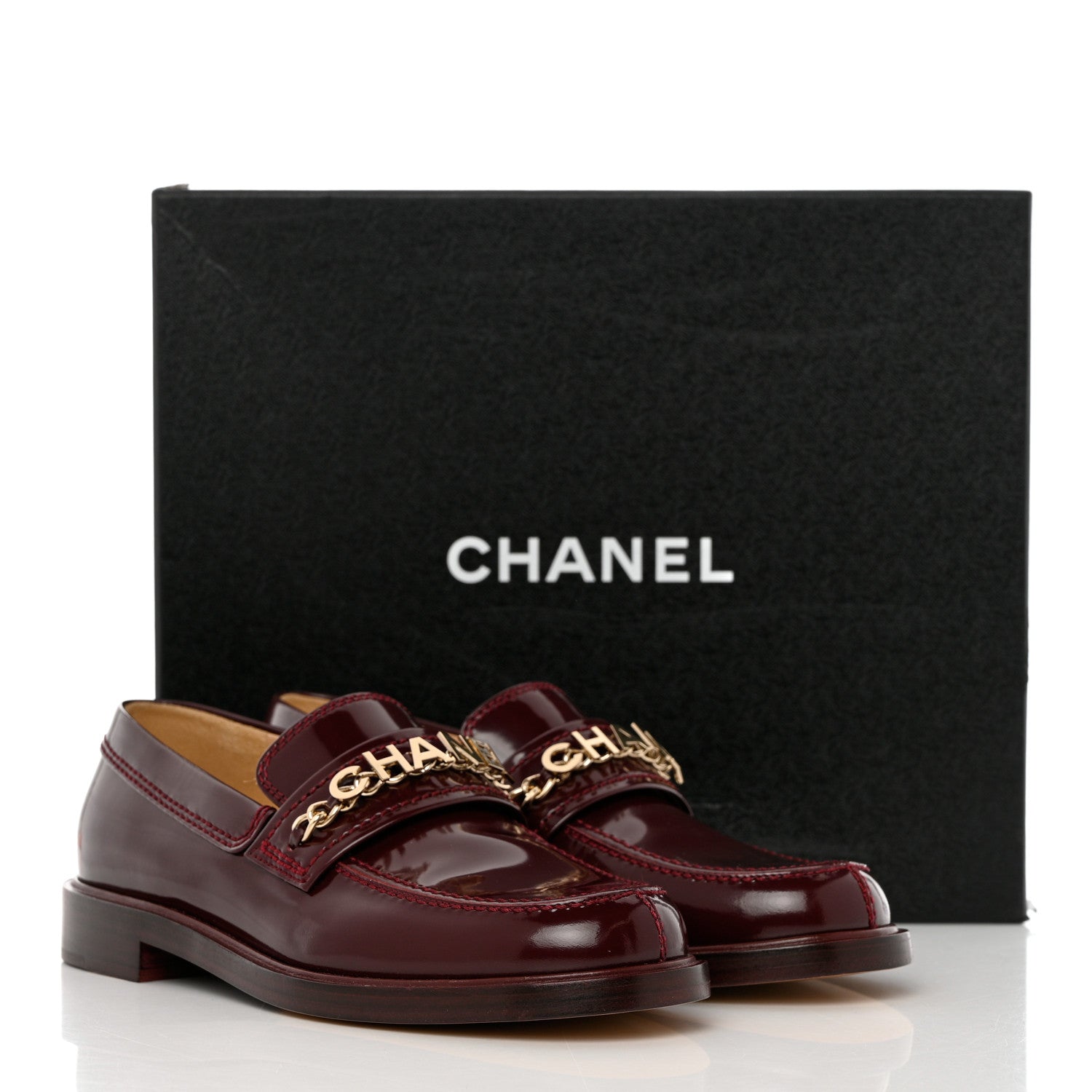 Chanel Shiny Calfskin Logo Loafers 37 Burgundy 10 of 10