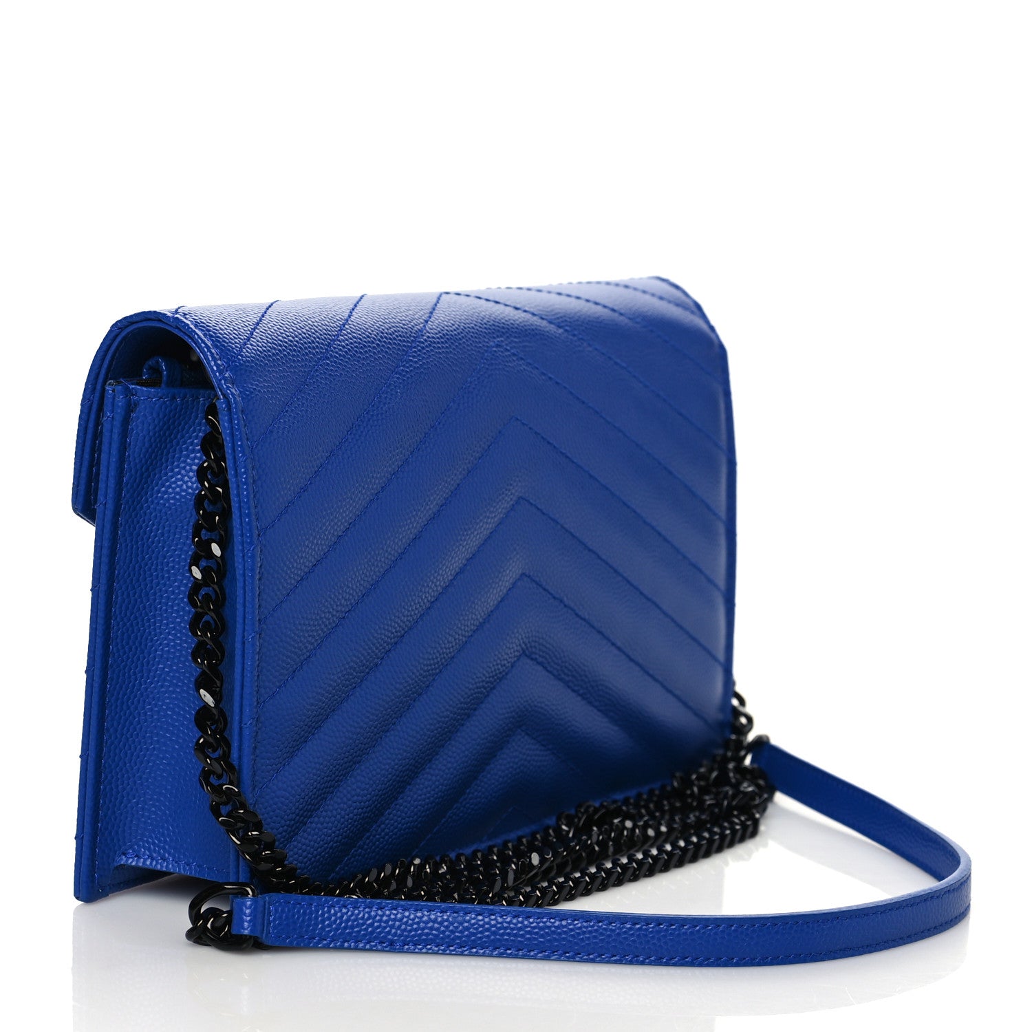 Saint Laurent Grain De Poudre Matelasse Chevron Monogram Envelope Chain Wallet Blue Majorelle 2 of 8