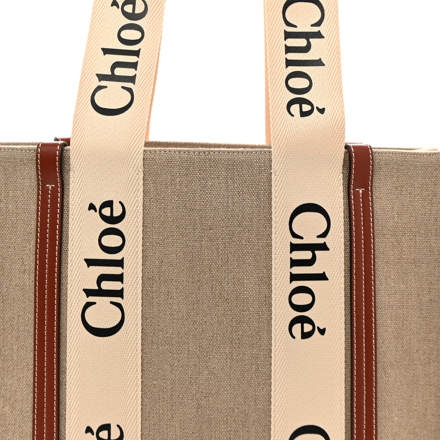 Linen Calfskin Medium Woody Ribbon Tote White Brown