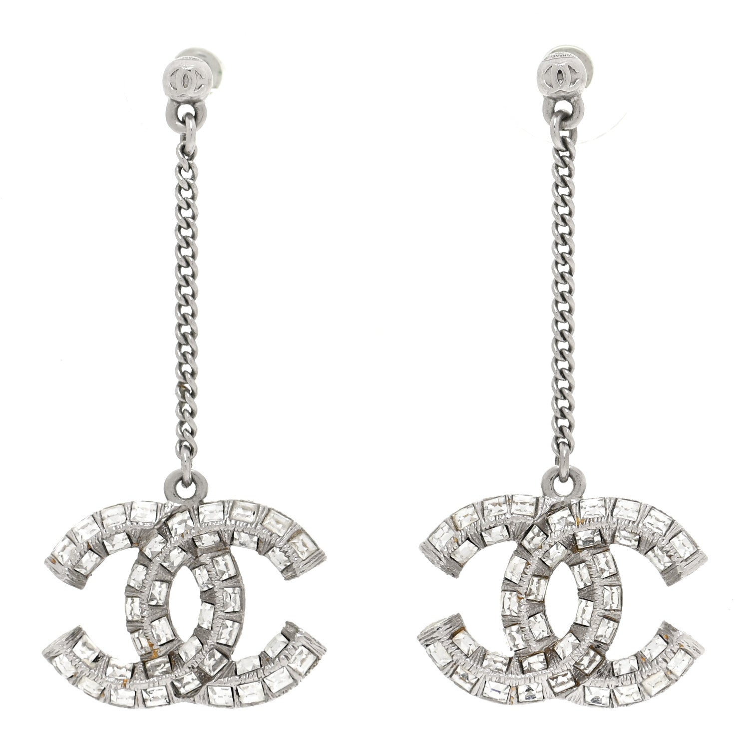 Chanel Baguette Crystal CC Drop Earrings Silver 1 of 5