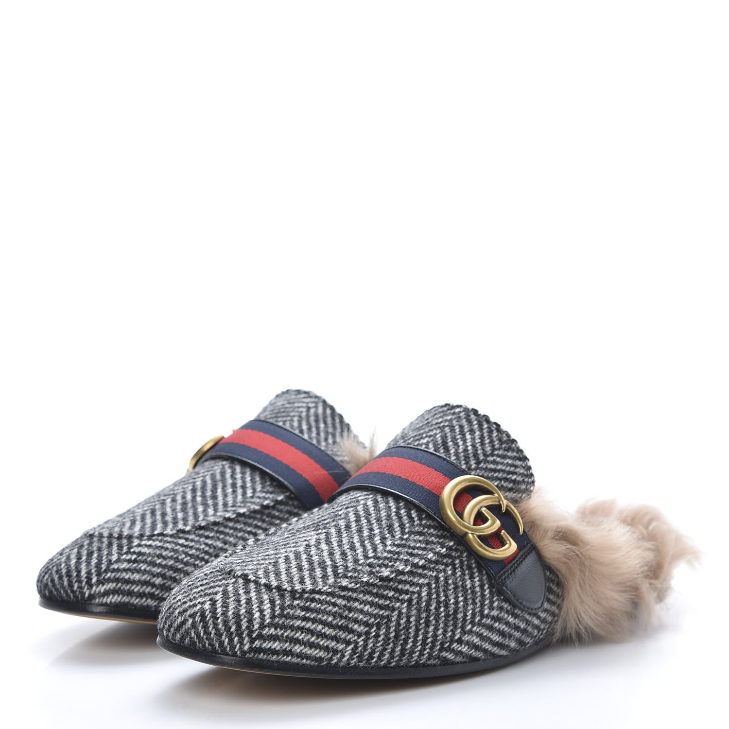 Gucci Herringbone Fur Web GG Mens Princetown Slippers 8 Black White 3 of 8